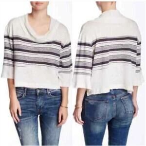 (M) NWT $98 Free People Sea Side Linen Slub Top in Nautical Combo Blue White